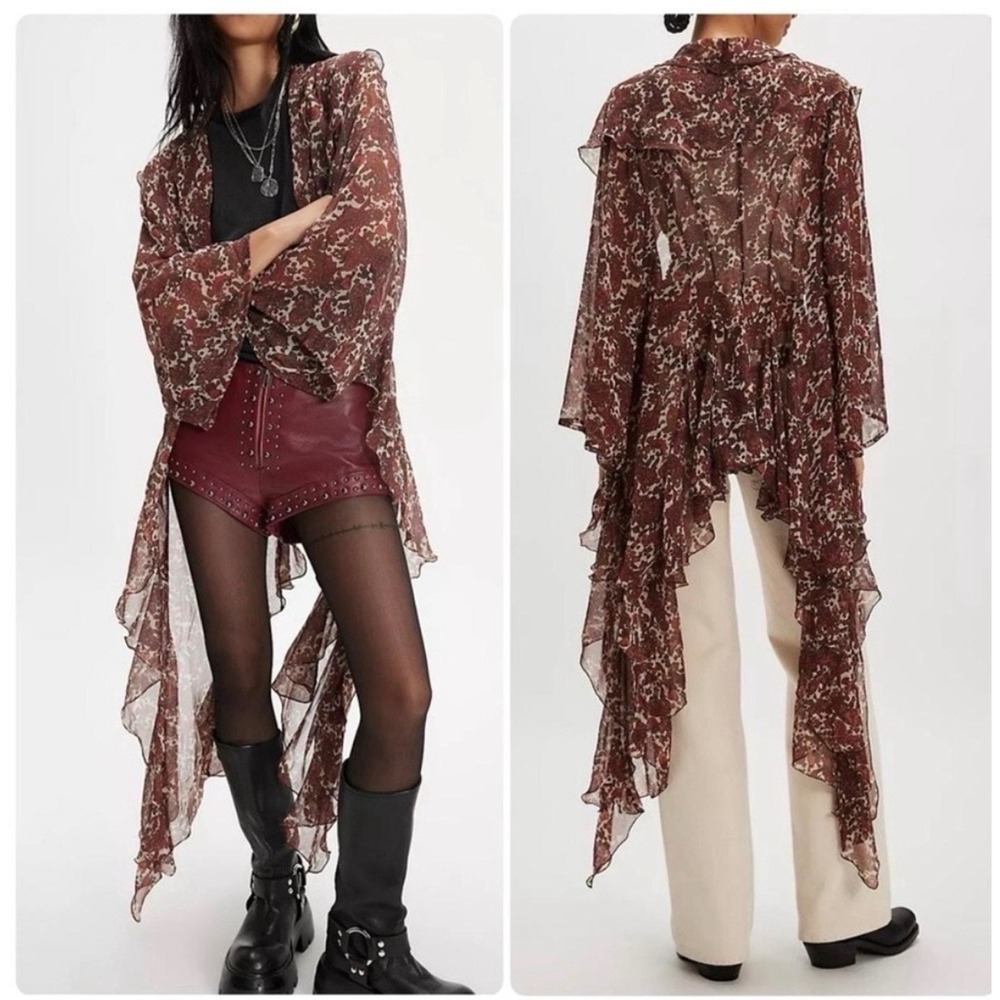 Free People High Low Printed Duster Brown one size  Paisley Ruffle Sheer Layer
